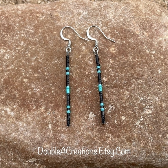 Turquoise and Black Simple Beaded Earrings - Picture 1 of 6